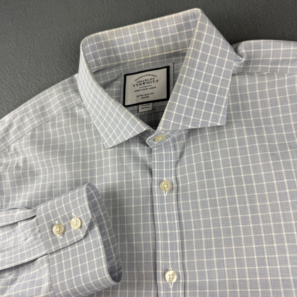 Charles Tyrwhitt Shirt Men's 17.5 36 Blue Extra Slim Fit Non Iron Dress Plaid